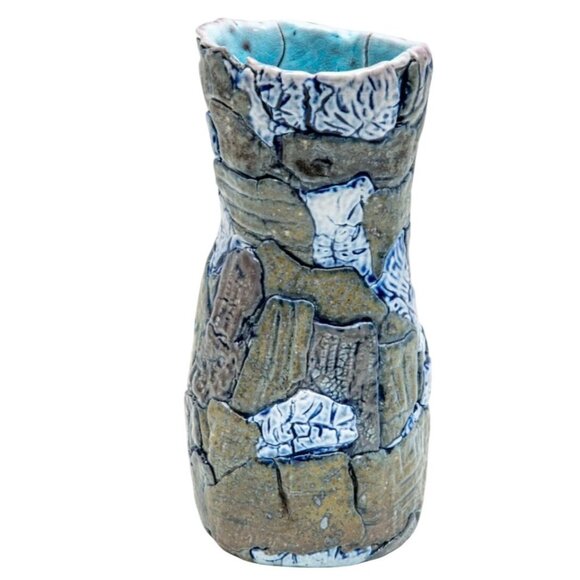 Handcrafted Patchwork Stoneware Vase Blue Grey Glaze Textured Handthrown Pottery - Picture 1 of 4